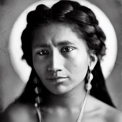 Prompt: an analog 120mm film portrait of a Comanche woman mid-twenties, attractive, alluring, powerful 1860, cinematic, long hair, glass plate photography, hq, detailed, realistic