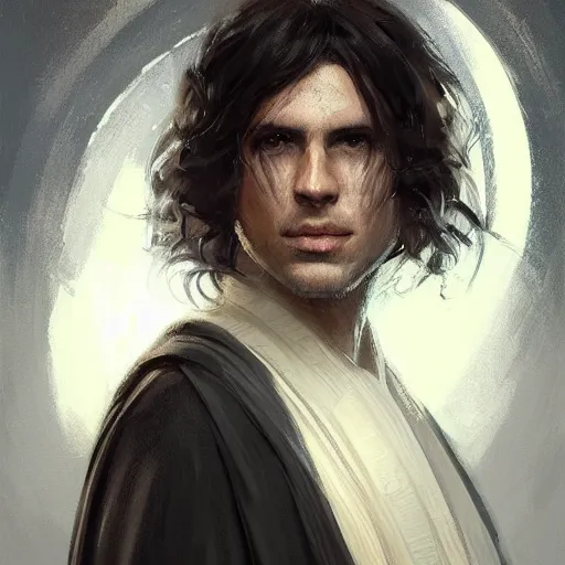 Prompt: portrait of a man by greg rutkowski, british features, messy black long hair, black robes, star wars expanded universe, he is about 2 0 years old, wearing jedi robes, highly detailed portrait, digital painting, artstation, concept art, smooth, sharp foccus ilustration, artstation hq