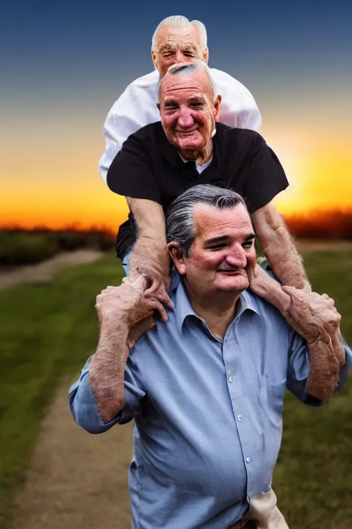 Image similar to elderly man carrying ted cruz piggyback, 8 k, award winning photograph, portrait, detailed faces, sunset in background, highly - detailed