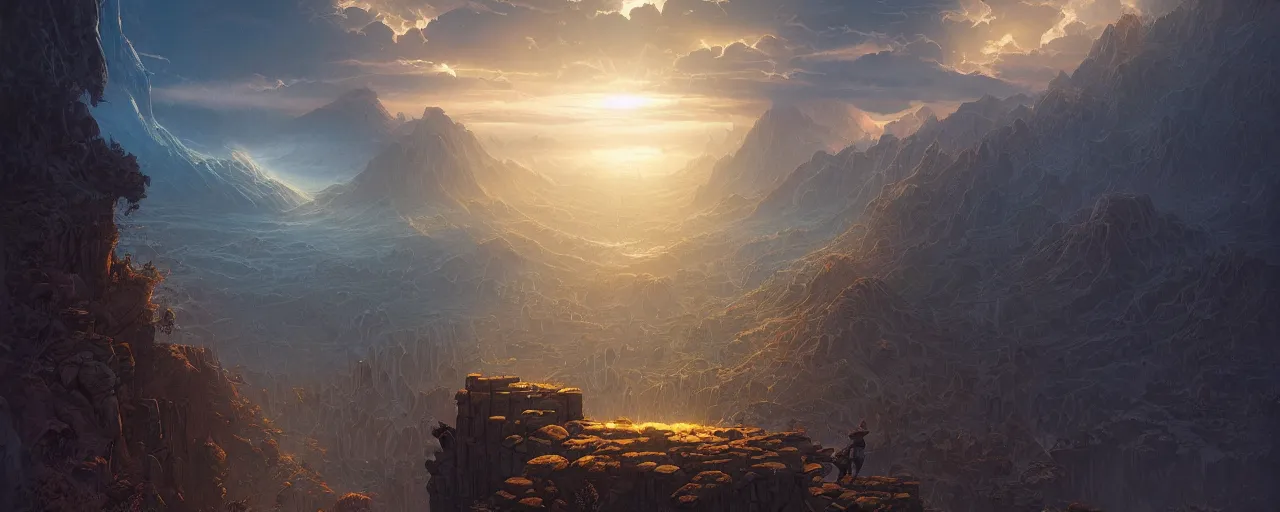 Image similar to dramatic matte painting by dan mumford and jordan grimmer and hubert robert of looking down at earth at the end is a man made of light