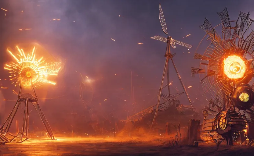 Prompt: a steampunk windmill spinning fast, robot, fire, ash, electricity lightning, furry, soft, concept art, sharp focus, intricate details, highly detailed, photorealistic, disney pixar, octane render, iridescent, anime, 8 k