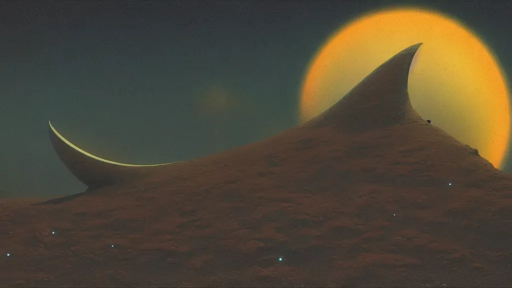 Image similar to mysterious sculpture of an alien crescent moon by paul lehr and john schoenherr, cinematic matte painting