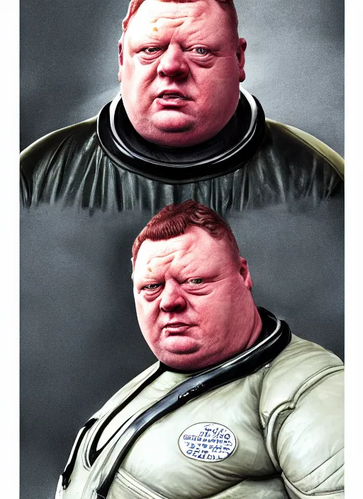 Prompt: upper body portrait of shaun ryder as baron harkonnen wearing a leather spacesuit and floating in space, by normal rockwell, photoreal, character concept art, artstation