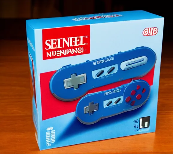 Prompt: snes cartrige package of a blue ninja in a red forest