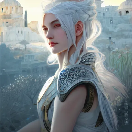 Prompt: portrait white hair knights of Zodiac girl, Sliver ice color reflected armor, in ruined Agora of Athens Sunrise, ssci-fi and fantasy, intricate and very very beautiful and elegant, highly detailed, digital painting, artstation, concept art, smooth and sharp focus, illustration, art by tian zi and WLOP and alphonse mucha