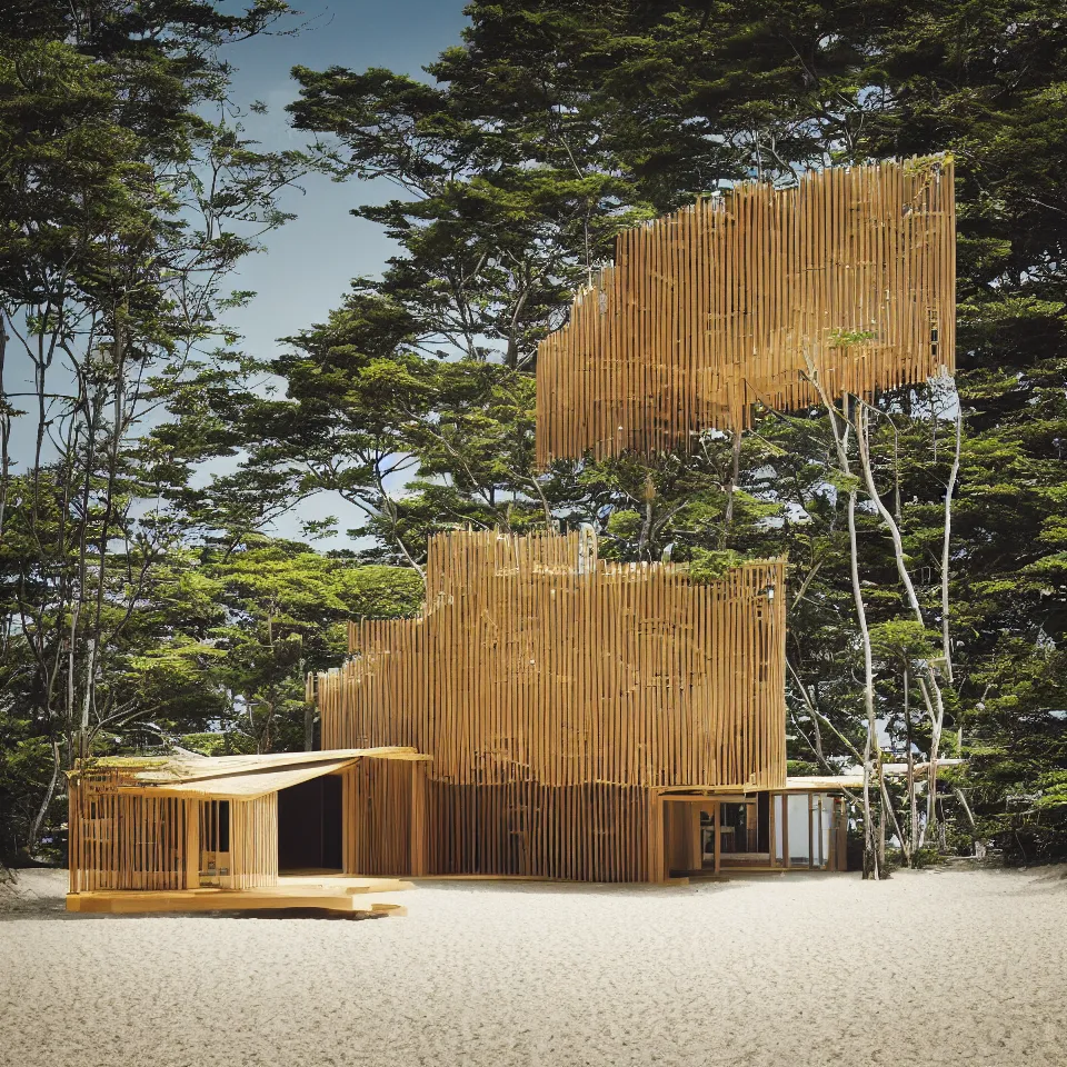 Prompt: architecture ad for a mid-century small modern house on the beach, designed by Kengo Kuma. Film grain, cinematic, yellow hue