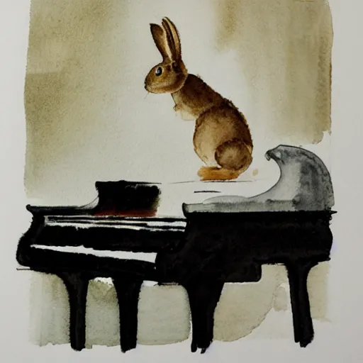 Prompt: a rabbit playing on a white grand piano inside a concert hall, realistic watercolour