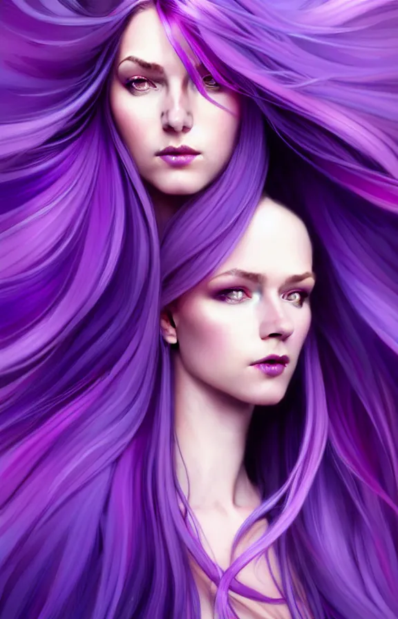 Image similar to Purple hair relistic Portrait of a woman with bright colored flying hair, all shades of purple. Hair coloring, long hair, blue eyes, fantasy, intricate, elegant, highly detailed, digital painting, artstation, concept art, smooth, sharp focus, illustration, art by artgerm and greg rutkowski and alphonse mucha