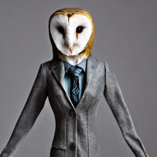 Image similar to barn owl wearing a suit, barn on dresses by emidio tucci, very detailed, album photo, canon shot