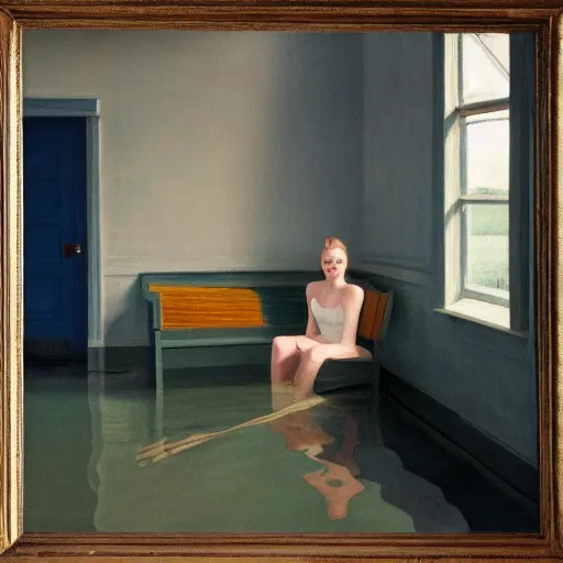 Prompt: painting of Elle Fanning in a flooded house, by Edward Hopper