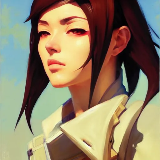 Image similar to Greg Manchess portrait painting of Mikasa Ackermann as Overwatch character, medium shot, asymmetrical, profile picture, Organic Painting, sunny day, Matte Painting, bold shapes, hard edges, street art, trending on artstation, by Huang Guangjian and Gil Elvgren and Sachin Teng