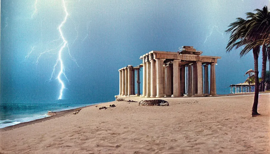 Image similar to A 1985 vintage magazine architecture photo of a beach doric temple, mediterranean architecture, refracted lines and sparkles, thunderstorm outside, beach on the background major arcana sky and occult symbols, hyperrealistic, award-winning, 1985