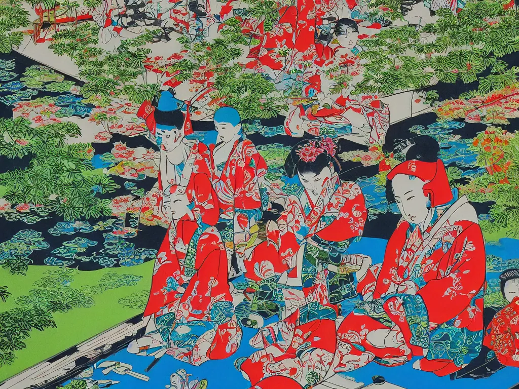 Image similar to close - up traditional japanese home with a garden, a pond in the garden, startroopers are sitting around the pond, a combination of pop - art and traditional japanese painting styles, the style of andy warhol and jackie tsai, bright palette, acrylic on canvas