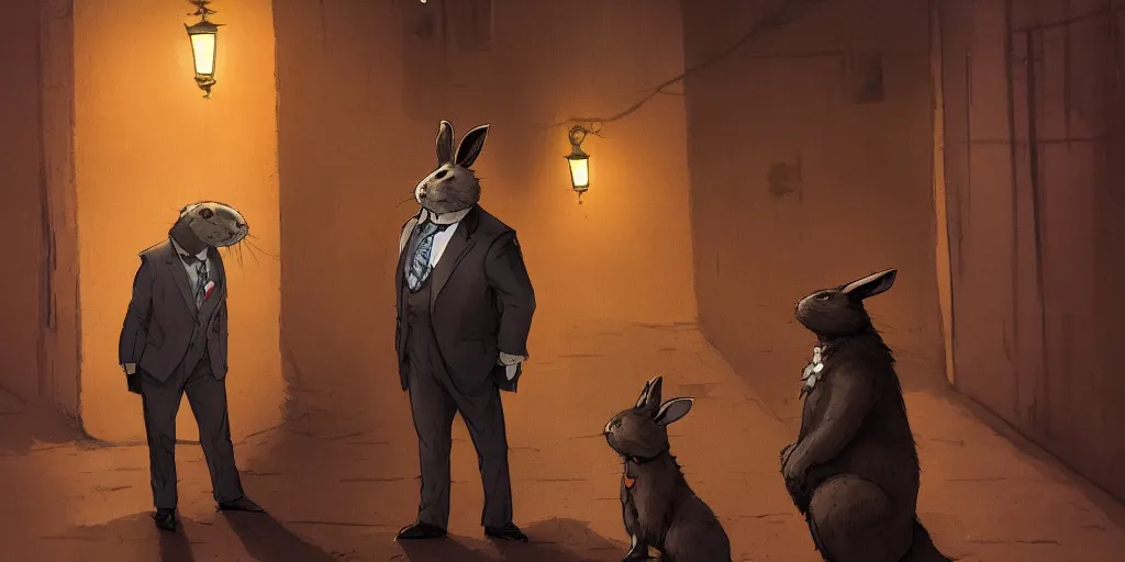 Prompt: rabbit wearing a tie is talking to a detective ferret in a dark alley, warm color palette, night time, dramatic lighting, noir film, character sheet, fine details, high contrast, blacksad, kim jung gi, greg rutkowski, trending on artstation, 8 k, front view, back view, ultra wide angle