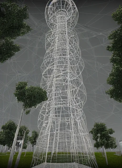 Image similar to highly detailed realistic architecture 3 d render of a stele shukhov tower with rouble icon inside standing in a city park, archdaily, made in unreal engine 4 octane render