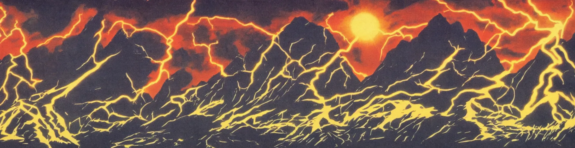 Image similar to solar montain with one lightning bolts in 1940s propaganda poster