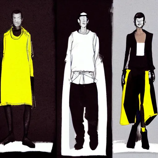 Image similar to brutalist fashion incorporating black and yellow, fashion show, studio lighting, concept art