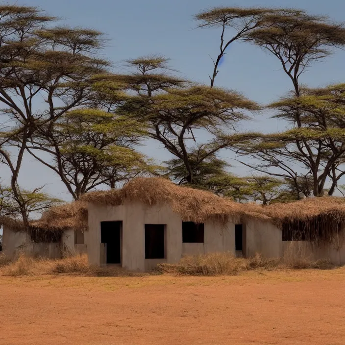 Prompt: a building in a serene landscape, africanfuturism