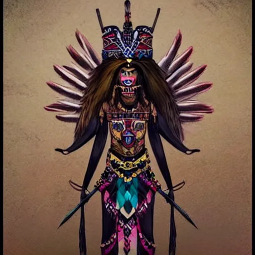 Image similar to character design, aztec warrior goddess, crown of body length feathers, full body, glowing aztec tattoos, beautiful, dark fantasy