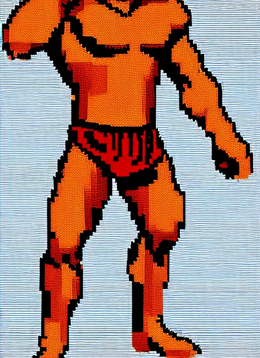 Image similar to full body shot. antropomorphic muscular masculine wolf. kickboxer, in red shorts. wolf head. furr on body. 8 bit nes graphics, pixelate