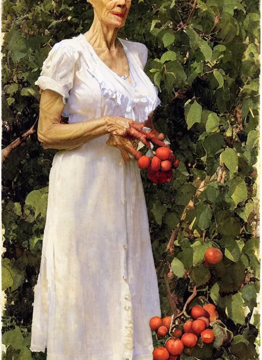 Image similar to illustration full body portrait of elegant slim mature woman standing in orchard, by norman rockwell, roberto ferri, daniel gerhartz, tom lovell, dean cornwell