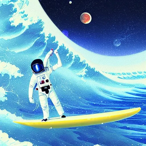 Image similar to a beautiful digital painting of an astronaut in a white and royal blue luxurious space suit surfing the great wave of Kanagawa on a chic surfboard at Pamukkale, thermal waters flowing down gold travertine terraces by greg rutkowski, during a blood moon, award winning photo, trending on artstation, highly detailed, unreal engine, octane render
