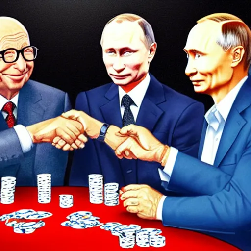 Prompt: UHD photorealistic Bill Gates playing poker with Klaus Schwab and Vladimir Putin, hyperrealistic, correct details, cosmic dynamic lighting, symmetrical faces, accurate faces, in the style of art nouveau