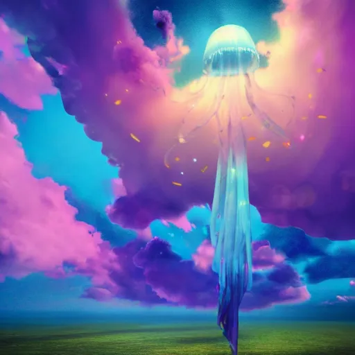 Prompt: A purple jellyfish is flying through an amazing sky, coloful art, 4K resolution, by Artgem and Beeple