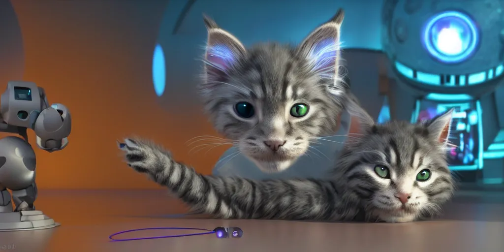 Image similar to a 3 d rendered movie still a cute robotic kitten with rgb ambient lighting implants. the robot maine coon kitten. in the background is a cyberpunk cat tree with rgb dramatic lighting. science fiction blockbuster movie from the future, imax 7 0 mm. octane 3 d render, style of mandalorian ( american space western television series )