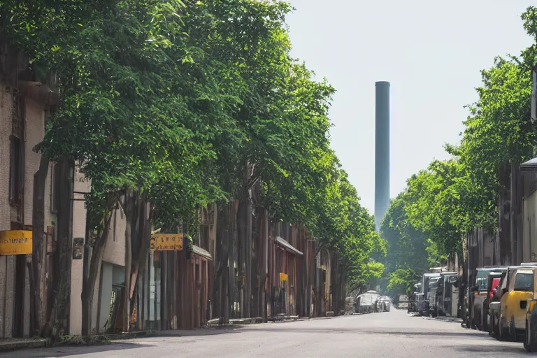 Image similar to looking down street, warehouses lining the street. forested hills background with radio tower on top. telephoto lens compression.