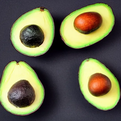 Prompt: four avocados in a row, studio photography, professional photograph, white background, studio lighting