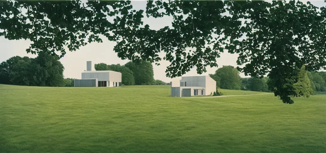 Image similar to farmhouse designed by santiago calatrava. landscape design by capability brown. fujinon premista 1 9 - 4 5 mm t 2. 9. portra 8 0 0.