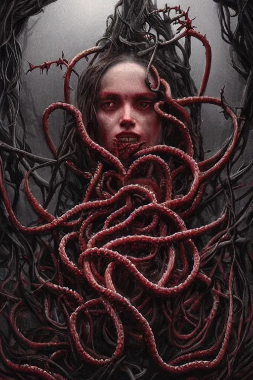 Image similar to realistic portrait beautiful detailed matte painting of cinematic movie scene a ancient god of death, tentacles, black and red, thorns, vines, horror, created by gustave dore and greg rutkowski, high detailed, smooth draw, synthwave neon retro, intricate, realistic proportions, dramatic lighting, trending on artstation.