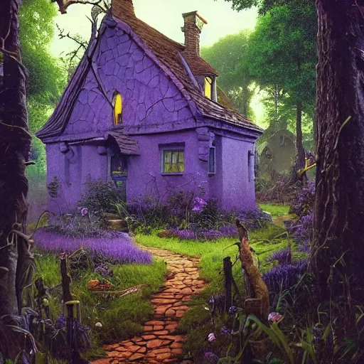 Image similar to hyper realistic homely ornate modern witch cottage distant down a path in the purple swamp gorgeous lighting, blue sky, highly detailed, lush forest by zdzisław beksinski and norman rockwell and greg rutkowskiweta studio, and lucasfilm