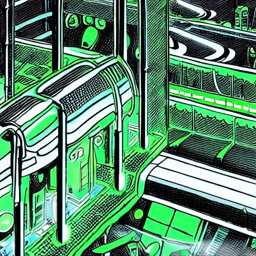 Image similar to a scifi illustration, factory interior dark with neon green vats of fluid. seen from above, parallax bloom effect, heavy linework line brush, graphic novel style