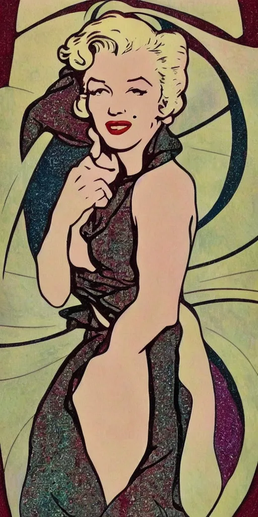 Image similar to marilyn monroe in the style of mucha