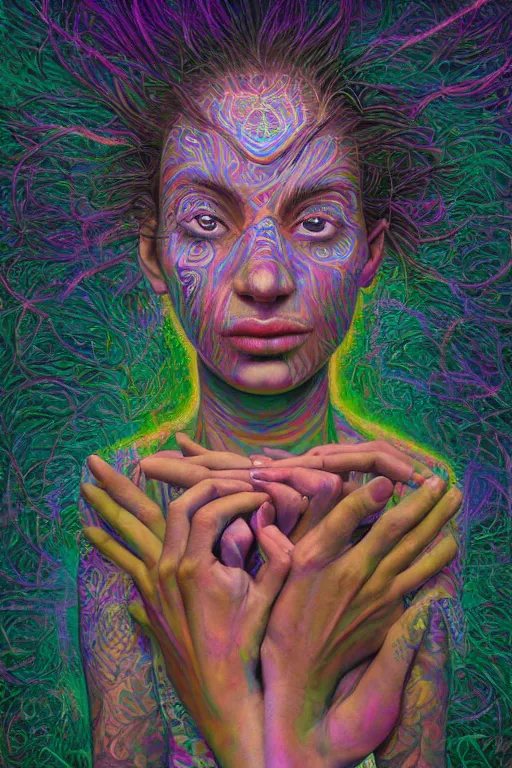 Prompt: ayahuasca tripping girl third eye open, chakra energy waves resonating from her body, ethereal aura, epic surrealism 8k oil painting, portrait, perspective, high definition, post modernist layering, by Sean Yoro, Casey Weldon