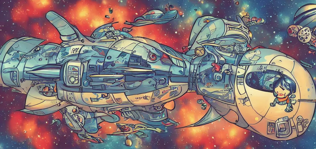 Image similar to Space capsule above the sky in the graphic style of Tim Shumate, detailed art, trending on Artstation, sharp focus, comic art