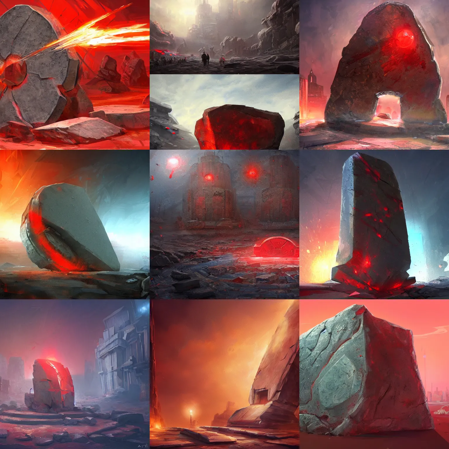 Prompt: art by andrzej sykut, artstation, a huge broken stone tablet with red light stands in the center of a prosperous city, at the end of the world,