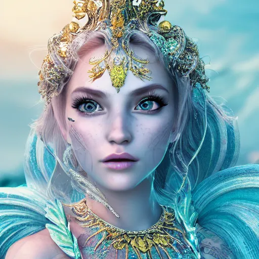 Image similar to portrait of mermaid princess, glowing, ornate and intricate jewelry, jaw dropping beauty, glowing background lighting, white accent lighting, hyper detailed, fairy tale, 4 k octane render