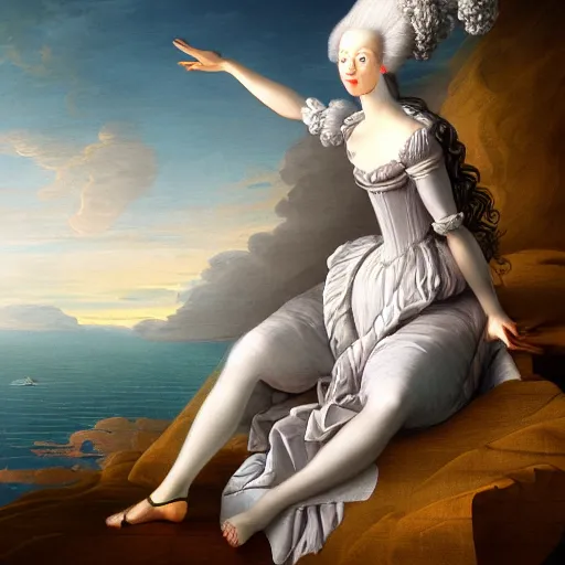 Prompt: portrait, Marie Antoinette levitating over the sea. high detail, great lighting, 8k resolution, masterpiece, concept art, illustration