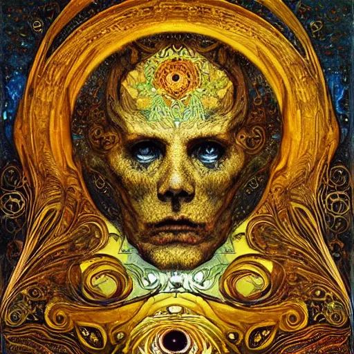 Prompt: Memento Mori by Karol Bak, Jean Deville, Gustav Klimt, and Vincent Van Gogh, beautiful visionary mystical portrait, otherworldly, fractal structures, ornate gilded medieval icon, third eye, spirals, botanical calavera by William Morris