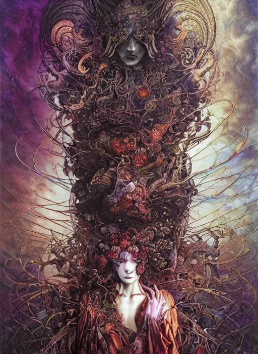 Prompt: fractal goddess of misery and war dramatic lighting, made of bugs and rainbows epic, moody, misty, by ayami kojima, amano, karol bak, greg hildebrandt, and mark brooks, neo - gothic, intricate, rich deep colors. beksinski painting, part by takato yamamoto. 8 k masterpiece