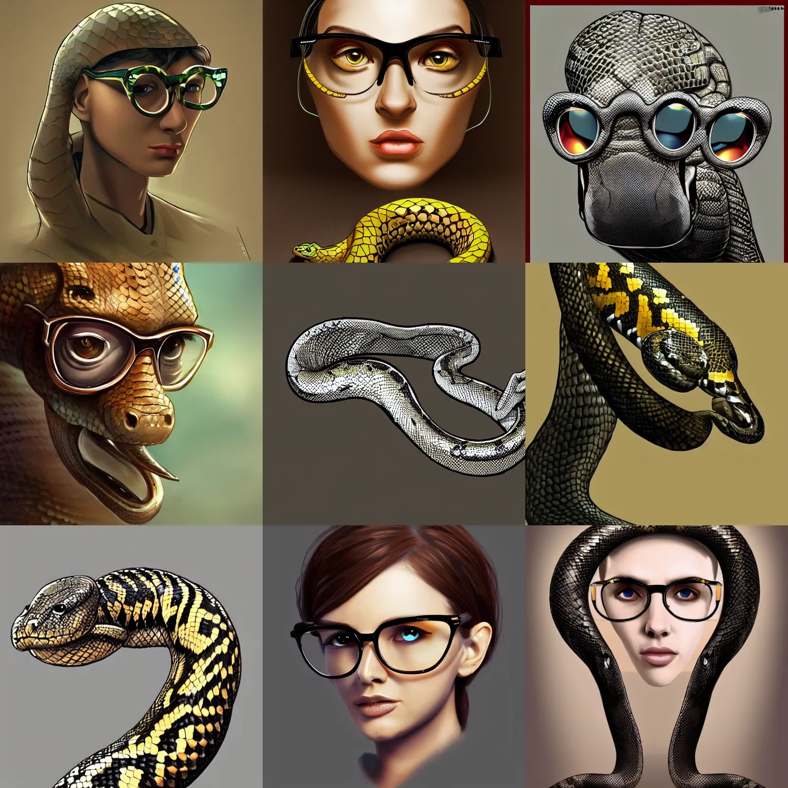 Prompt: a very smart python snake wearing glasses, digital art, artstation, detailed, high quality