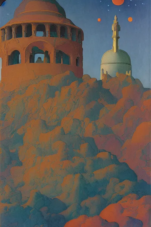 Image similar to glorious painted belltower of the sun and the lost stars, by Sylvain Sarrailh and Nicholas Roerich and jean delville and Maxfield Parrish, dramatic cinematic lighting , beautiful garden, ornate architecture, smooth, sharp focus, extremely detailed