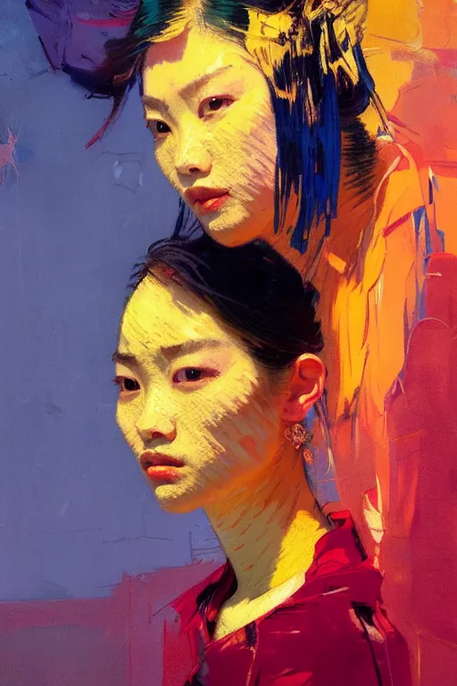 Prompt: portrait of a beautiful asian female, complementary colors, beautiful face, rule of thirds, intricate outfit, spotlight, by greg rutkowski, by jeremy mann, by francoise nielly, by van gogh, digital painting