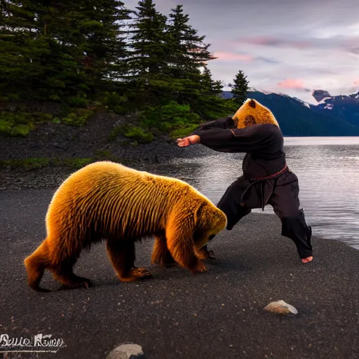 Image similar to kodiak bears kung - fu fighting on a lakefront using salmon as weapons, dusk, 8 k, hdr, cinematic, rule of thirds,