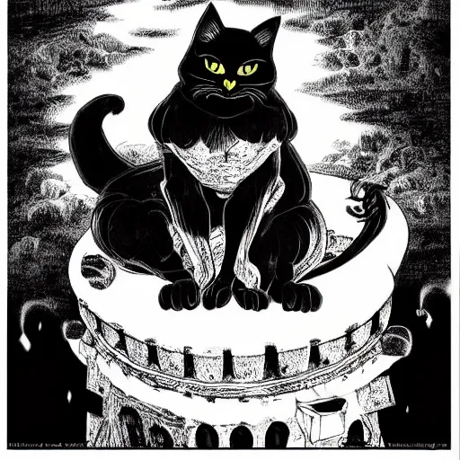 Prompt: a all black cat sitting on top of a castle, demon cat, style of kentaro miura!!!!, black and white, finely detailed