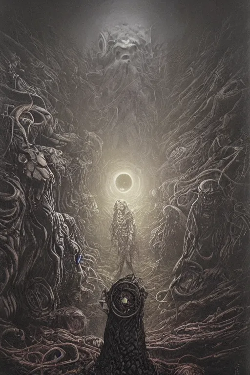 Prompt: the unnameable in lovecraft's dreamlands with the watchers out of time. dark surrealism by michael whelan, dariusz zawadzki, beksinski and chris mars