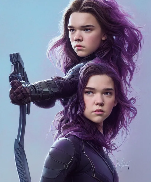 Image similar to Hailee Steinfeld as Kate Bishop and Florence Pugh as Yelena Belova, Marvel, Hawkeye, Black Widow, blush, intricate, face, elegant, purple mist, highly detailed, digital painting, artstation, concept art, matte, sharp focus, illustration, art by Artgerm and Greg Rutkowski and Alphonse Mucha